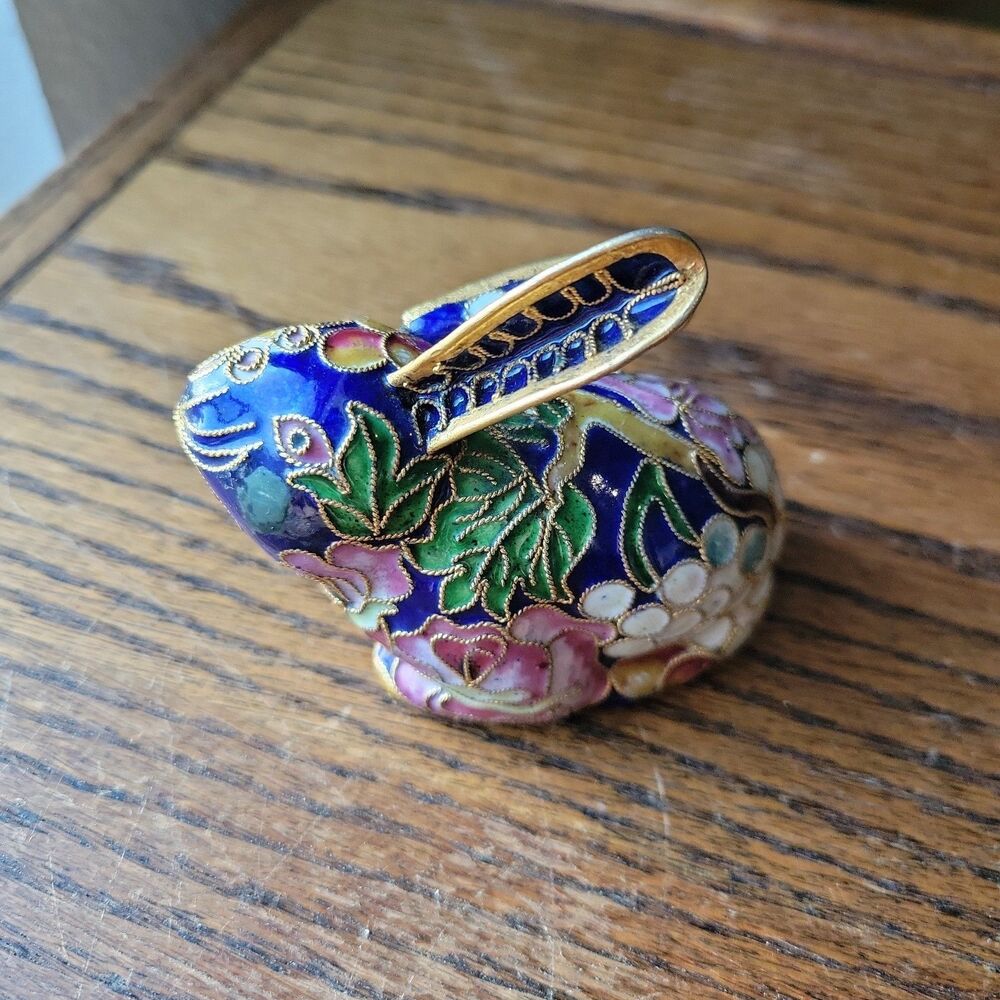 Vtg Chinese Cloisonné Enamel Cobalt Floral Rabbit Bunny Figurine 3” Ornament MCM